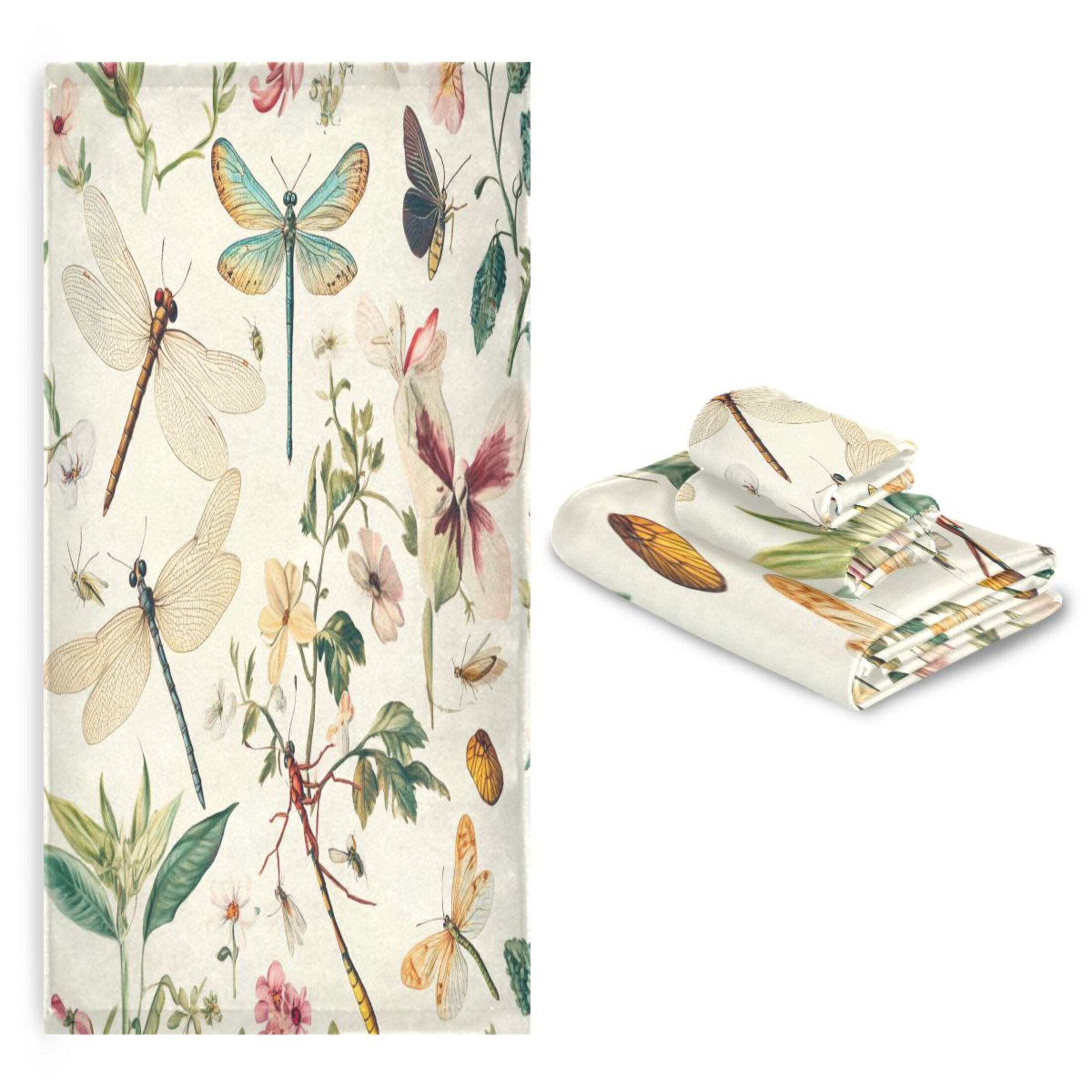 WOBOGO Dragonfly Print Painting Ultra Soft 3 Pack Cotton Towel Set Includes 60 x 30in Bath Towel 28 x 16in Face Towel and 13 x 13in Small Square Towel for Everyday Use Lightweight and Compact