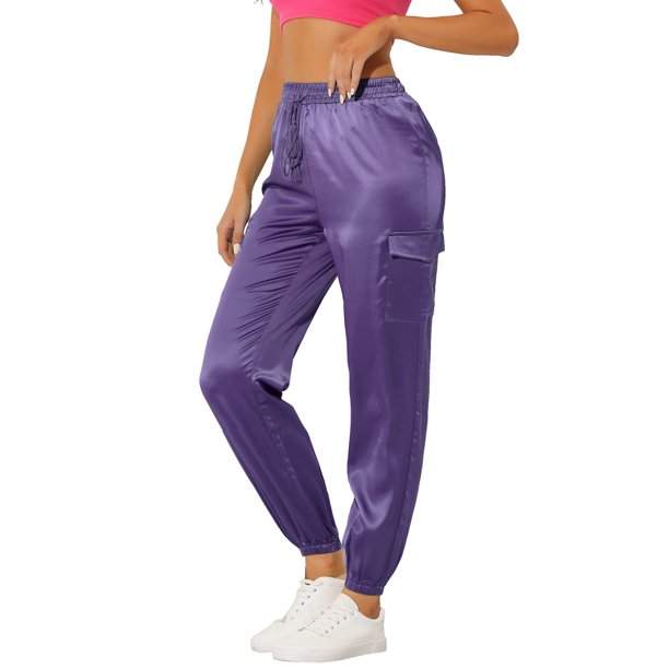 Pantalones Cargo de Satén Sedoso Allegra K Tiro Alto Elástico con Cordón Morado Oscuro XL