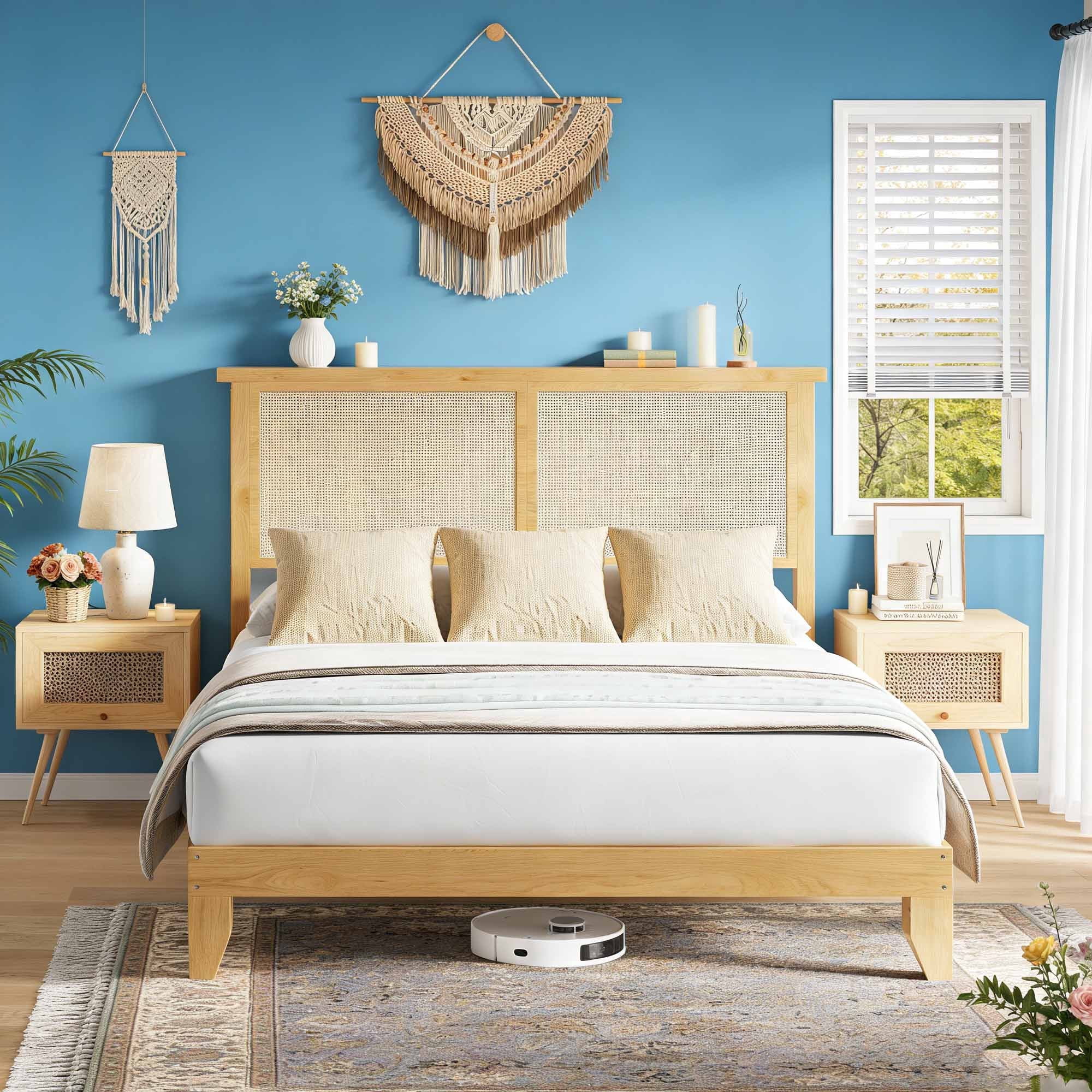 Boho Queen Bed Frame, Rattan Headboard Bed Frame With Led Lights, Noise-Free Platform Light Wood Bed Frame, Easy Assembly, No Box Spring Needed