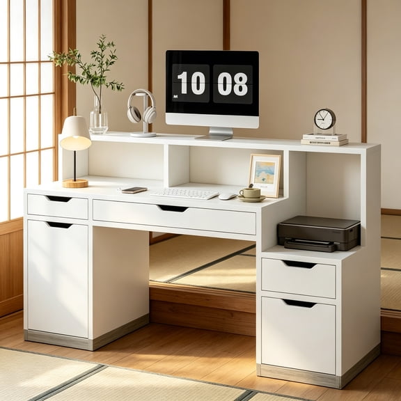 DreamCurship 58 inch White Desk with Drawer, Computer Desk with Hutch and File Cabinet, Executive Desk with Long Monitor Stand & Storage Shelves, White