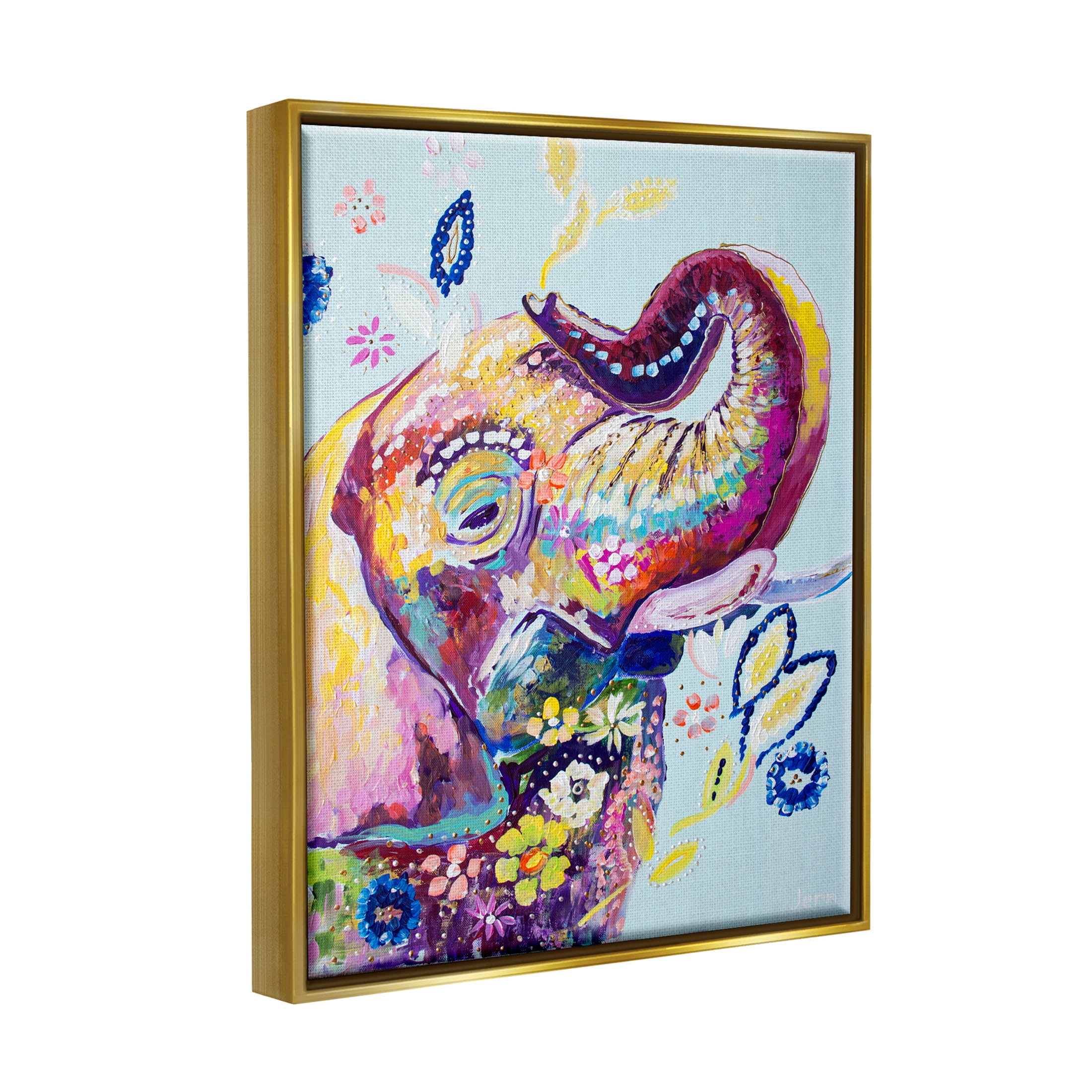 Floral Pattern Fun Elephant Animals & Insects Painting Metallic Gold Framed Art Print Wall Art