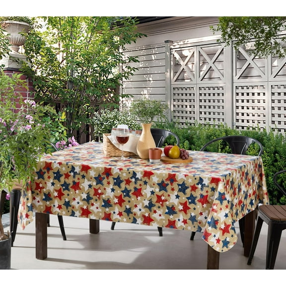 Newbridge Burlap Patriotic Stars 52 x 52 inch Square Vinyl Flannel Backed Tablecloth