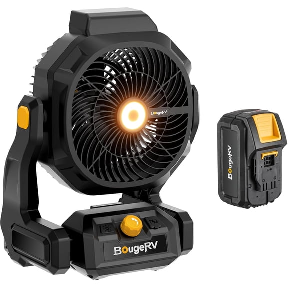 BougeRV Battery Powered Fan 755 CFM Portable Fan with 8A Removable Battery, USB Port, Bright Light, 210° Tilt for Camping, RV, Home