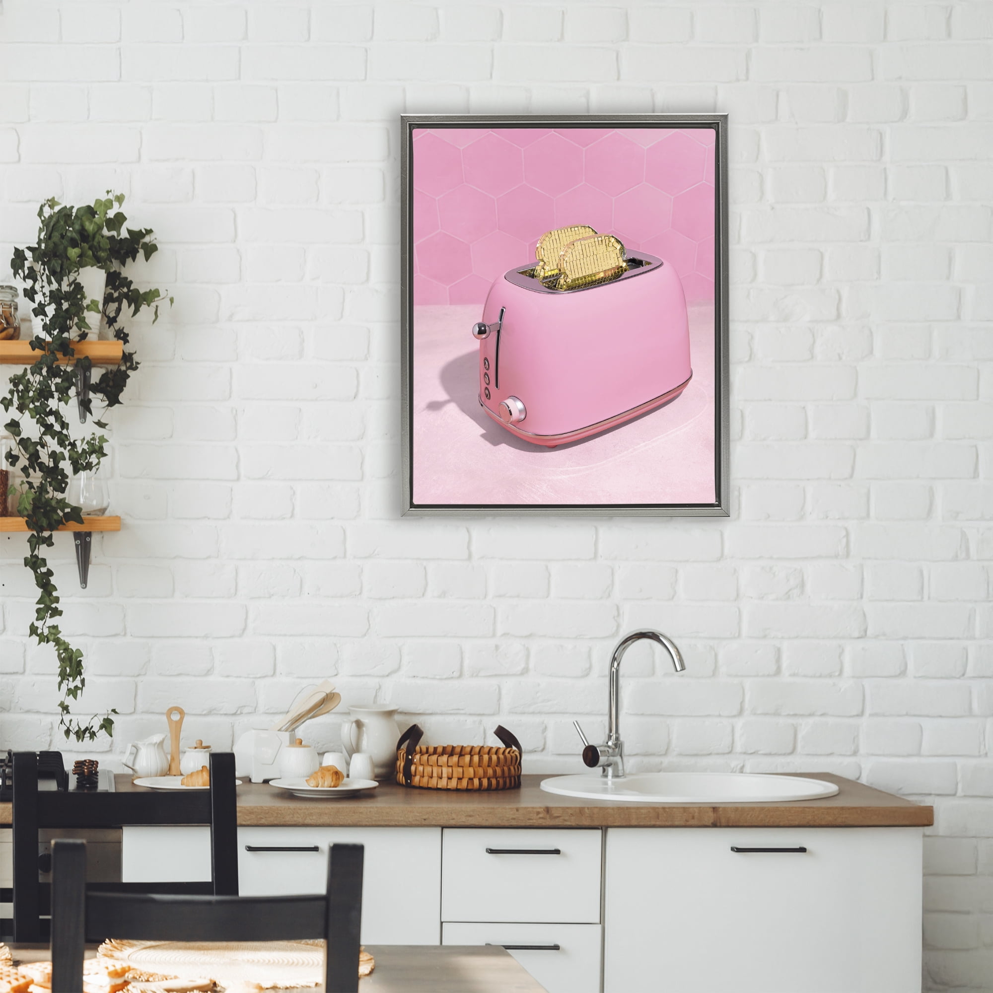 Stupell Industries Golden Toaster over Pink Gray Framed Floater Canvas Wall Art, design by LISH Creative