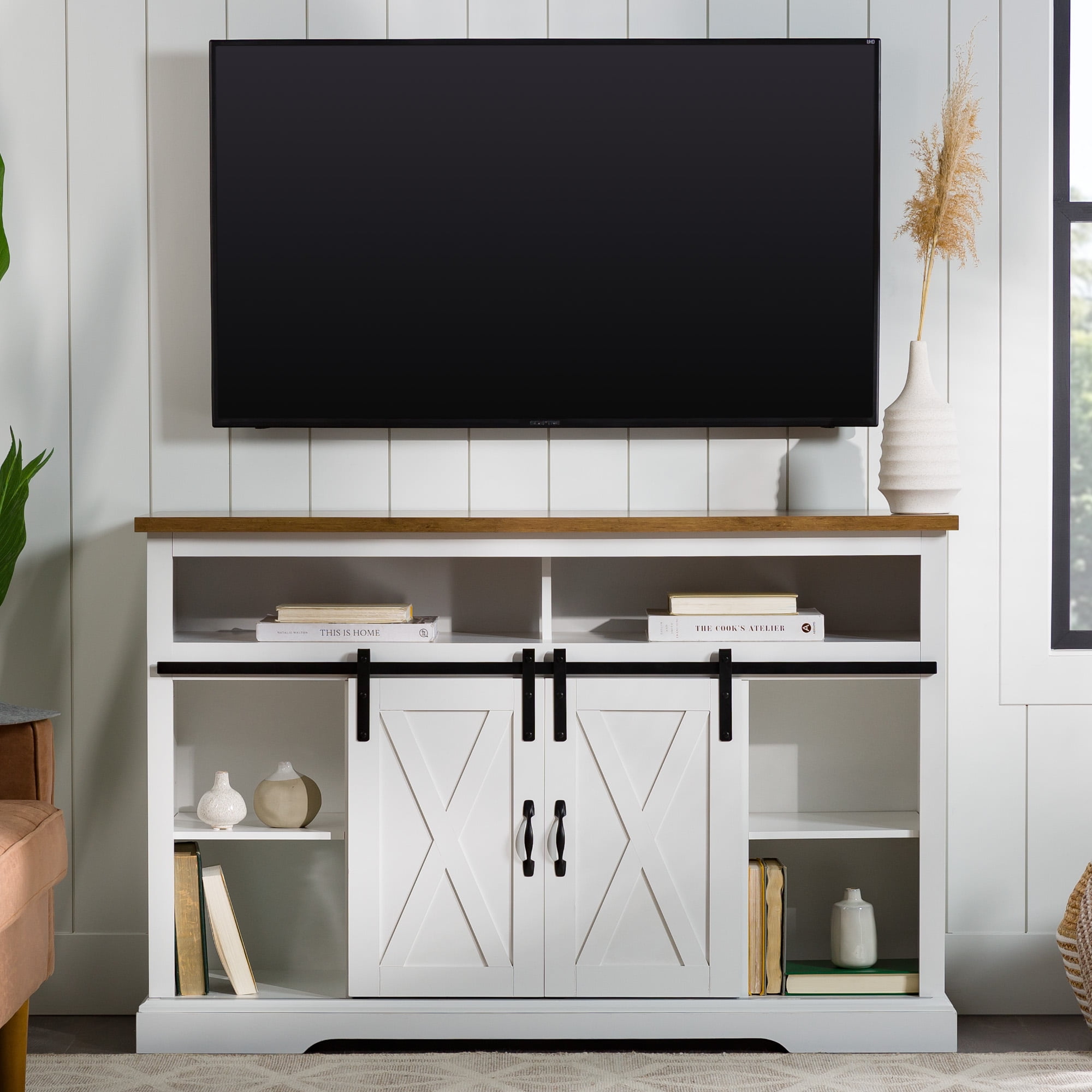 Walker Edison Farmhouse Barn Door TV Stand for TVs up to 60", Solid White & Rustic Oak