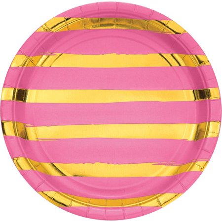 Candy Pink and Gold Foil Striped Paper Plates  24-Pack