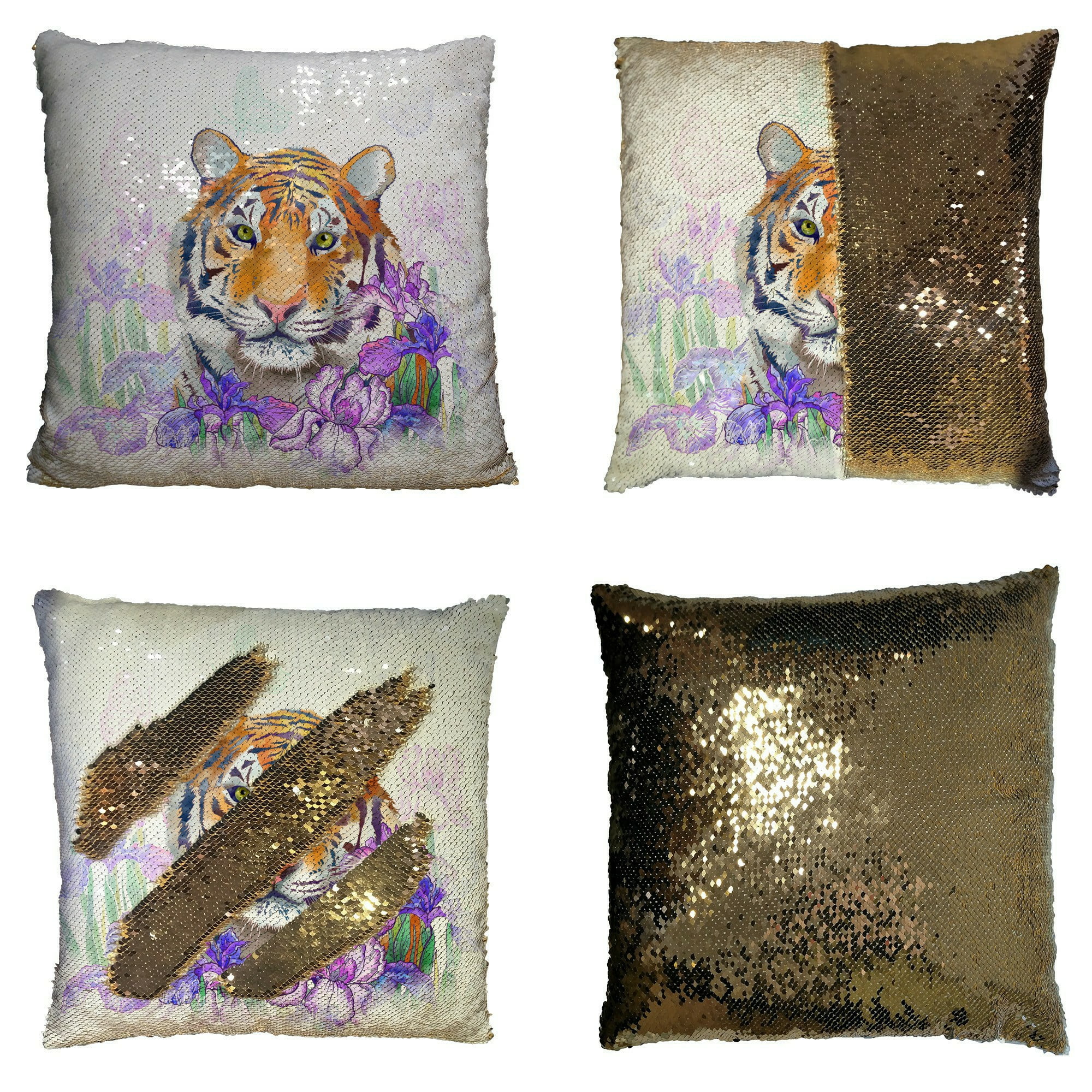 Abphqto Tiger And Flowers Iris Reversible Mermaid Sequin Pillow Case Home Decor Cushion Cover 18x18 Inch Walmart Com Walmart Com