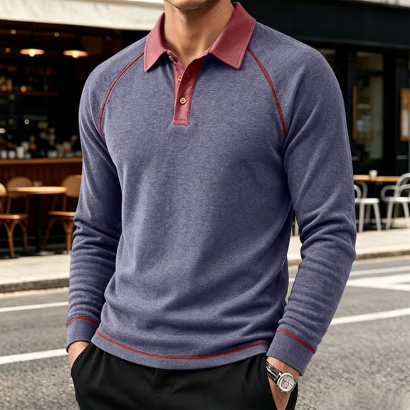 Mens Long Sleeve Polo Shirts Fashion Casual Raglan Button Polo Tee Collared Golf Shirt