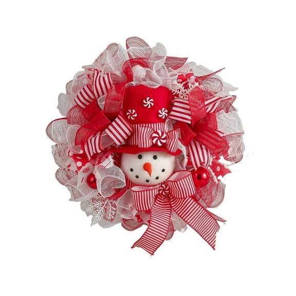 15.7" Merry Christmas Snowman Wreath - Silver Red White Snow Christmas Mesh Front Door Wreath - Winter Decor