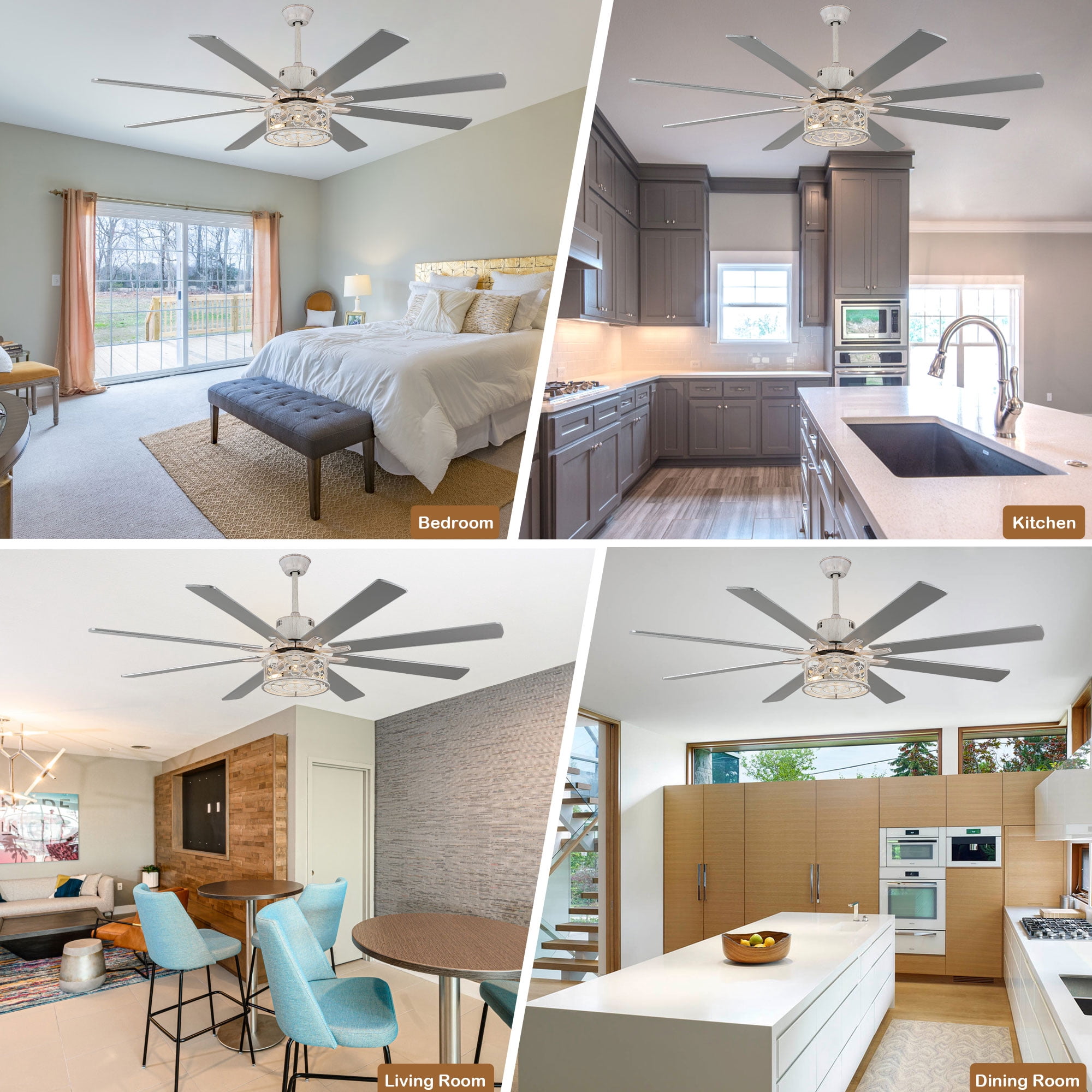 Cusp Barn 72 Inch Industrial Distressed White Finish Ceiling Fan with Remote and Lights, 8 Wooden Blades Indoor Ceiling Fan, DC Motor 6 Speeds Reversible, for Office and Large Indoor Room