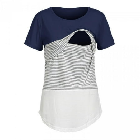 

Kiplyki Wholesale Maternity Stripe Splicing O-Neck Short Sleeve T-shirt Pregnant Women Blouse Tops