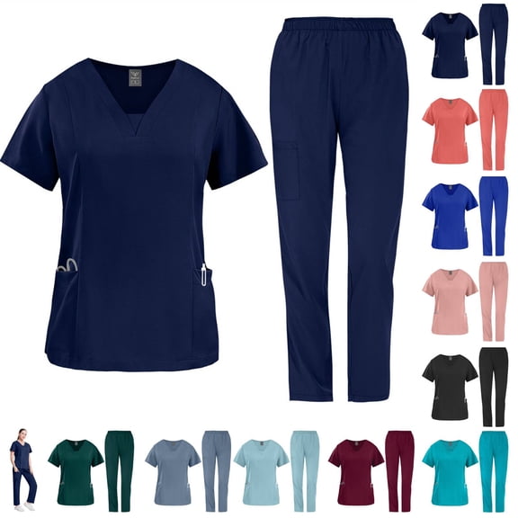 Scrubs Uniform Women Scrubs Set Top and Pants Navy S
