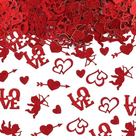 100pcs Red Glitter Confetti, Valentine's Day Party Decor, Cupid & Heart & LOVE Word Cutouts, Wedding Bridal Shower Engagement Table Decor