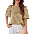 thumbnail image 2 of Women'S Satin Silk Blouses Puff Short Sleeve Dressy Casual Tops Loose Fit Crew Neck Cropped Shirts Color S, 2 of 10