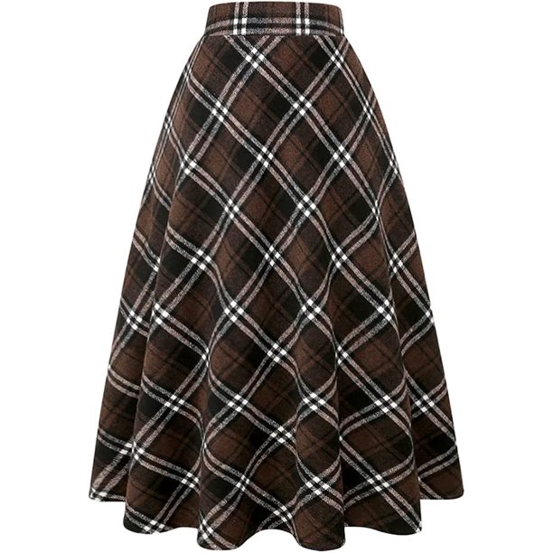 Falda Larga de Cintura Alta elástica para Mujer, Acampanada, a Cuadros, para Invierno, cálida Long Coffee 1901 XL Long Coffee 1901 XL Xishao ropa