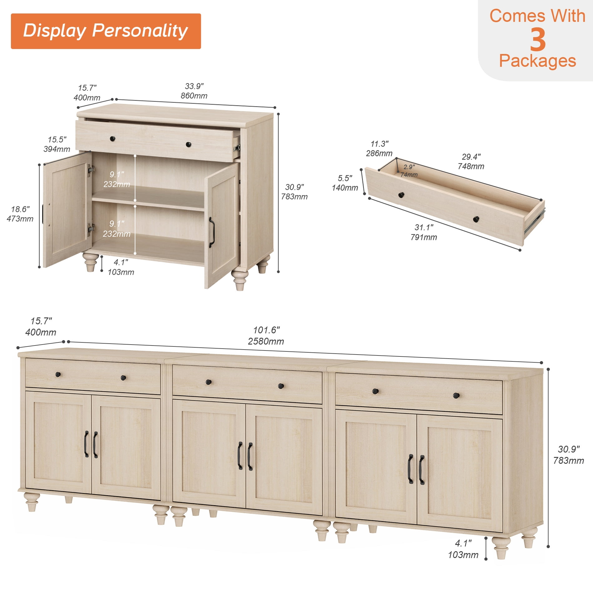 Beige Farmhouse TV Stand for 85 inch TV with Drawers & Doors