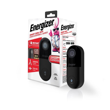 Energizer Smart 2K Doorbell, Wired Video Doorbell Security Camera, 2-Way Audio, Night Vision, Cloud & Micro SD Storage, Remote Access App, Instant Motion Sensor, Live Viewing, Requires Existing Wires
