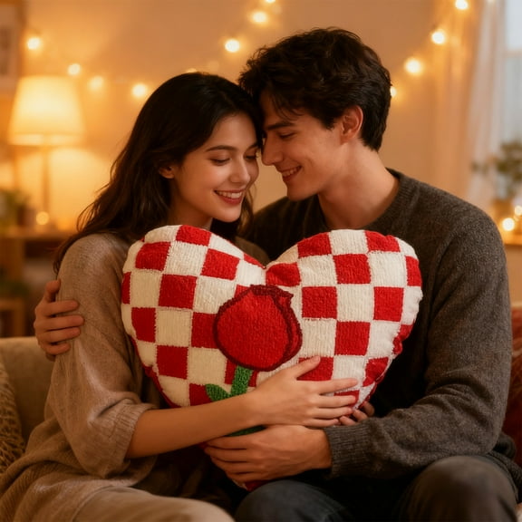 Vfedsrsge Valentines Day Heart Throw Pillow - Red Plaid Embroidered Rose Tufted Plush Cushion 13.8in, Valentine Gift for Her/Him