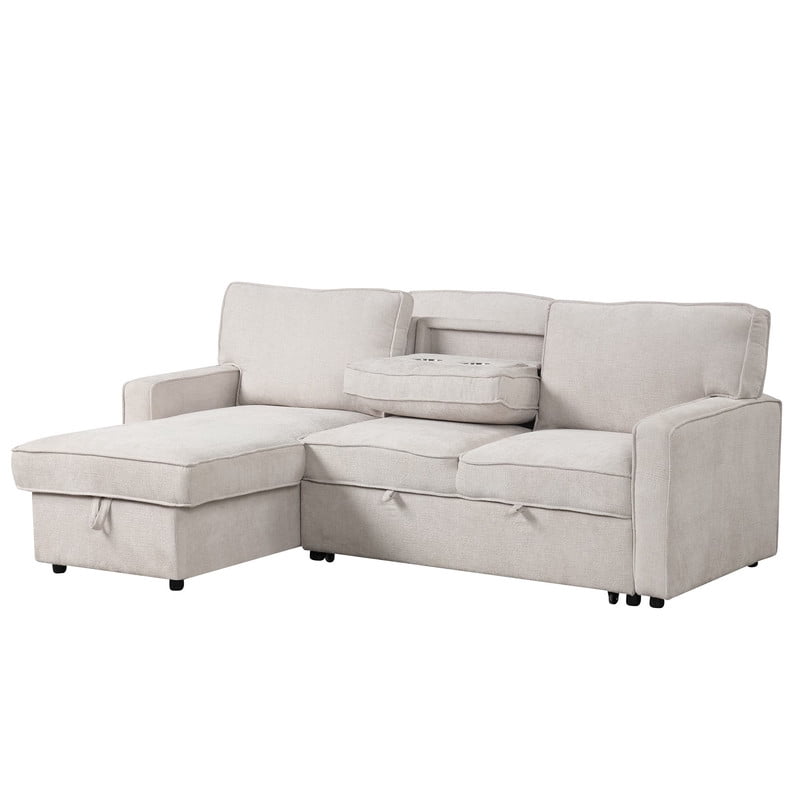 Convertible Sleeper Sofa Bed, L-Shaped Sectional Sofa Pull Out Couch with Storage Chaise & USB Ports, 89'' Sofa Couch with Cup Holder for Living Room Apartment