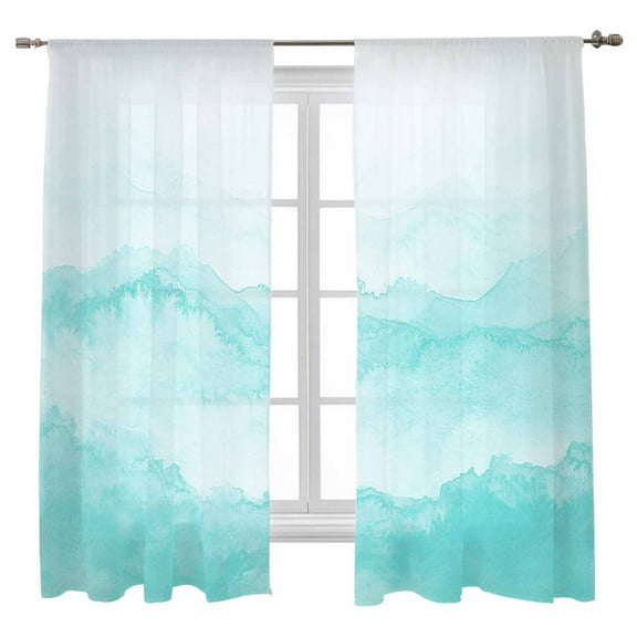 Sheer Curtains 72 inches Long, Aqua Mountain Gradient Watercolor Texture Abstract Art Light Filtering Sheer Window Curtains Rod Pocket Voile Drapes for Bedroom Living Room, 52"W x 72"L 2 Panels