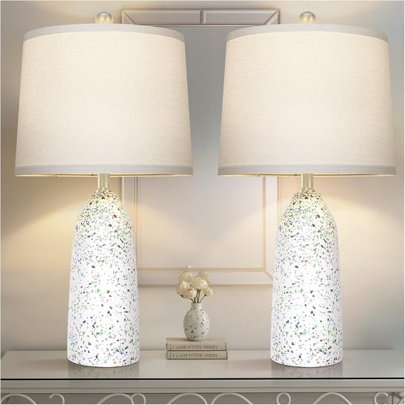 Set of 2 22.5" Faux Stone Table Lamps, Farmhouse Lamps for Bedroom with Linen Shade, 3-Way Dimmable Rotary Switch Bedside Lamps for Living Room Nightstand