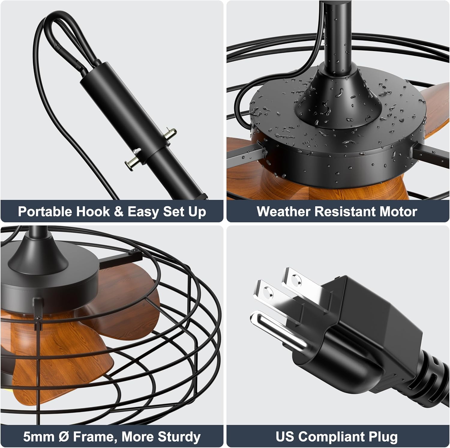 Ohniyou 20" Outdoor Ceiling Fans with Lights And Remote for Patio, Small Farmhouse Dimmable Waterproof Plug in Ceiling Fan for Gazebo Porch Canopy, Wood