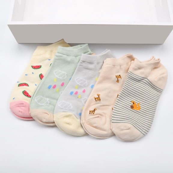 Limei 3 Pairs Cartoon Print Women Low Cut Breathable Cotton Short Ankle Boat Socks