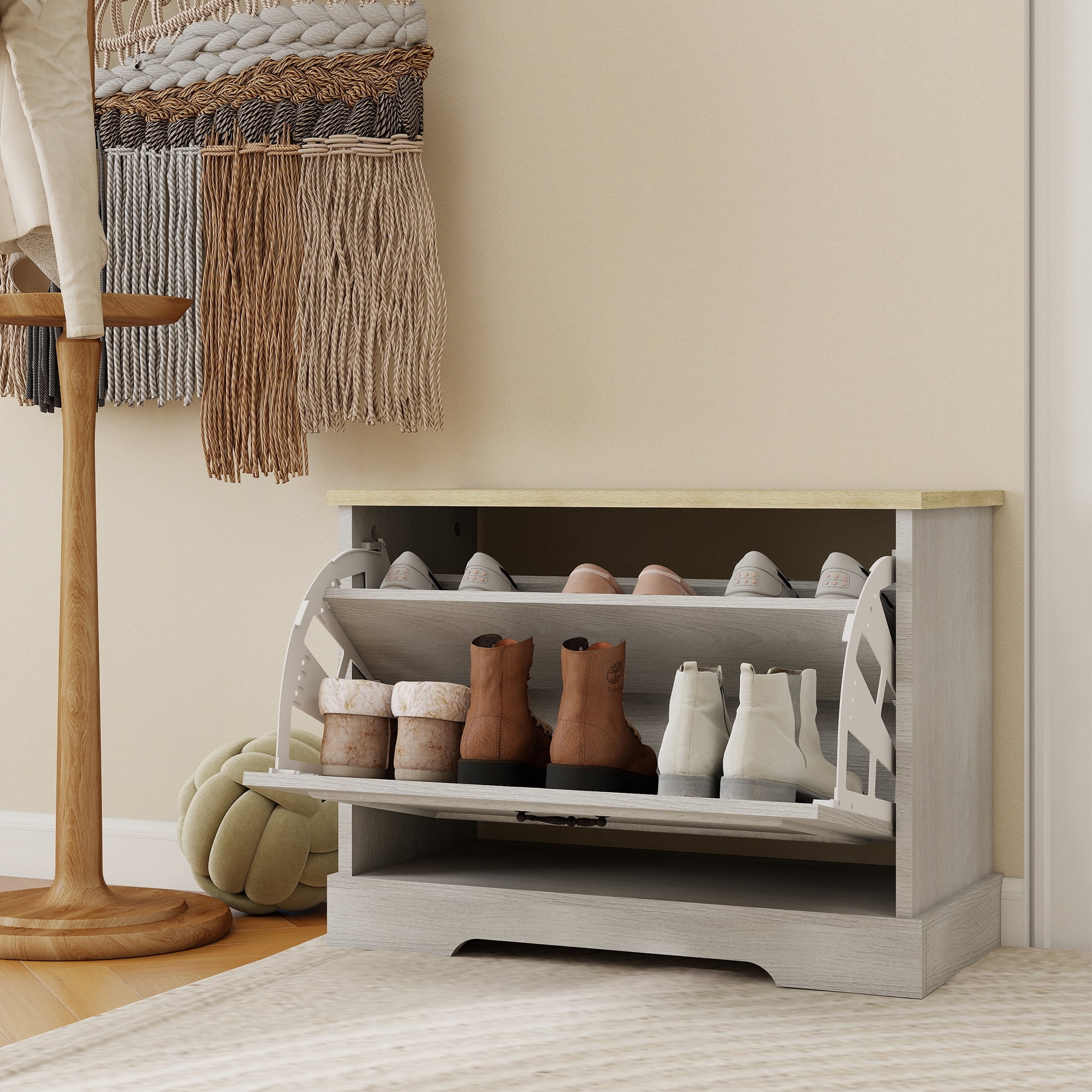 Leumius Shoe Storage Bench with 1 Flip Drawer & Adjustable Shelf,Small Shoe Cabinet for Entryway,Hallway,Bedroom,Antique White