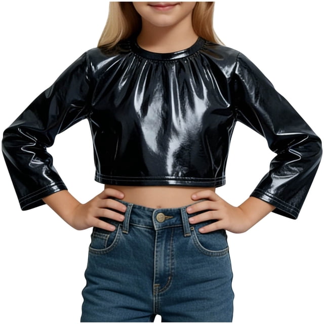 Haut Court de Performance pour Filles, Chemise à Manches Longues à Paillettes pour Danse, Tenue de Scène avec Tissu Extensible, Blouse à Col Rond pour Récitals, Haut de Costume pour Enfants pour Fêtes et Compétitions