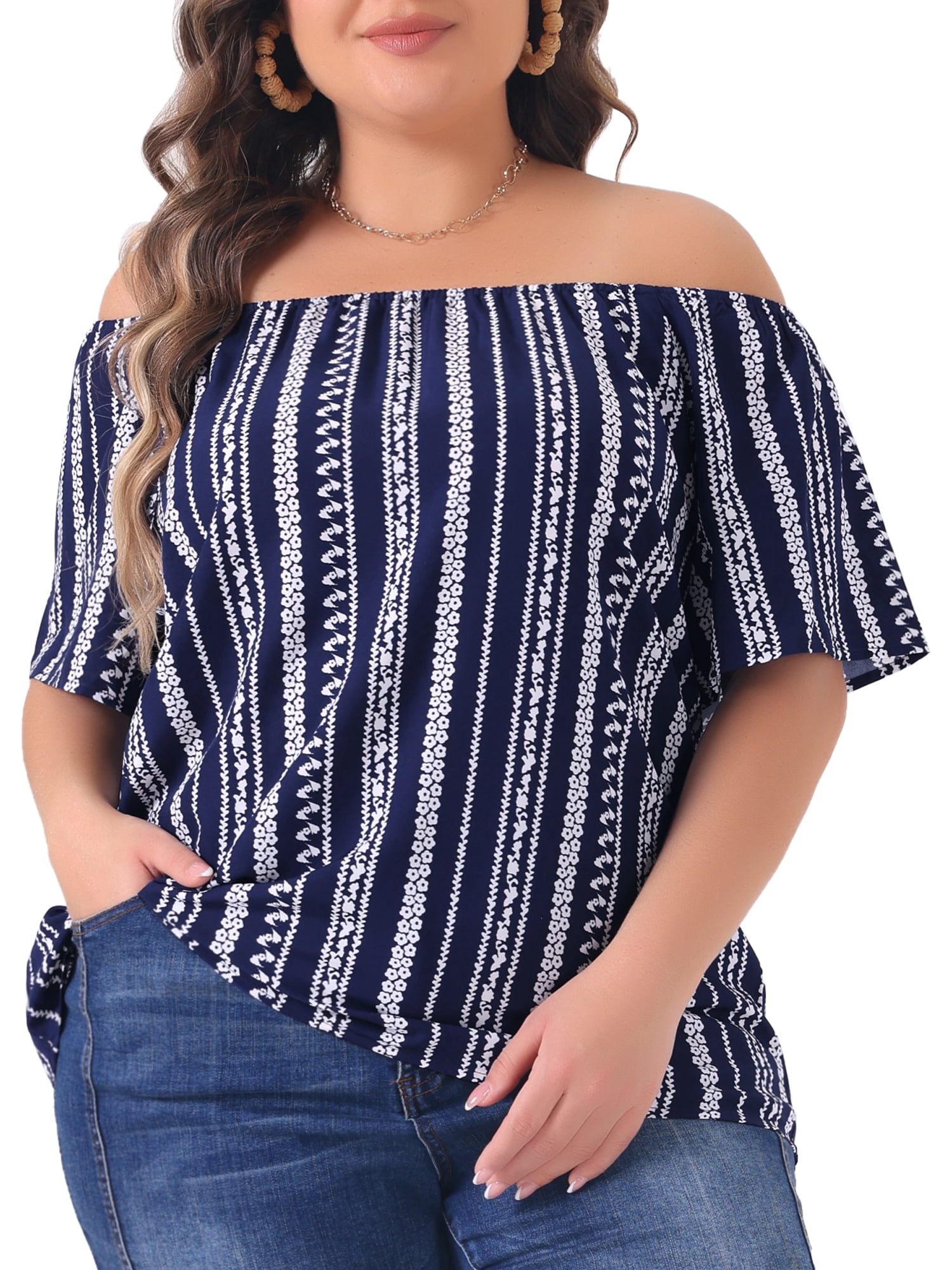 DARING DIVA Women's Plus Off Shoulder Boho Casual Blouse 4X Dark Blue