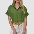 thumbnail image 2 of zaveiop Women's Linen Shirts Y2k Short Sleeve Button Blouses Cinched-Hem Collared Crop Top Tunics (Z-Army Green, 5XL), 2 of 6