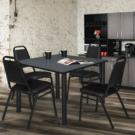 Regency Kee 48 in Square Breakroom Table- Grey Top, Black Legs, 4 Restaurant Stack Chairs