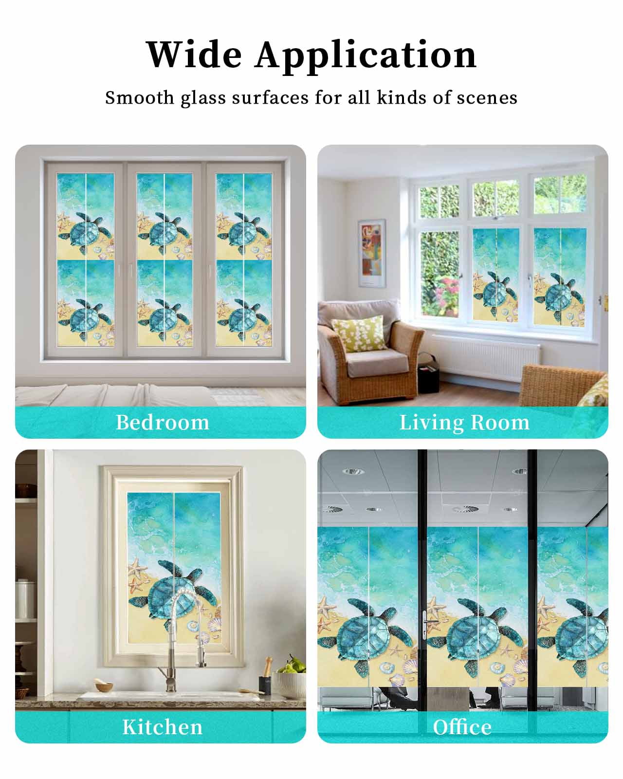 Window Privacy Film Teal Blue Coastal Stained Glass Window Film Decorative Sun Block Window Cover Summer Beach Turtle Nautical Window Clings Static Adhesive Sticker for Bathroom 23.6"x59"