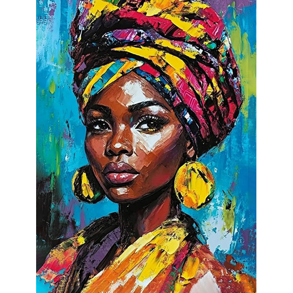 African Woman Portrait Decorative Painting/Canvas Art, Suitable for Living Room, Bedroom, Dining Room, Office, Hotel, Bar, Cafe Decoration. Colorful Headdress and Gold Earrings Wall Art Print.
