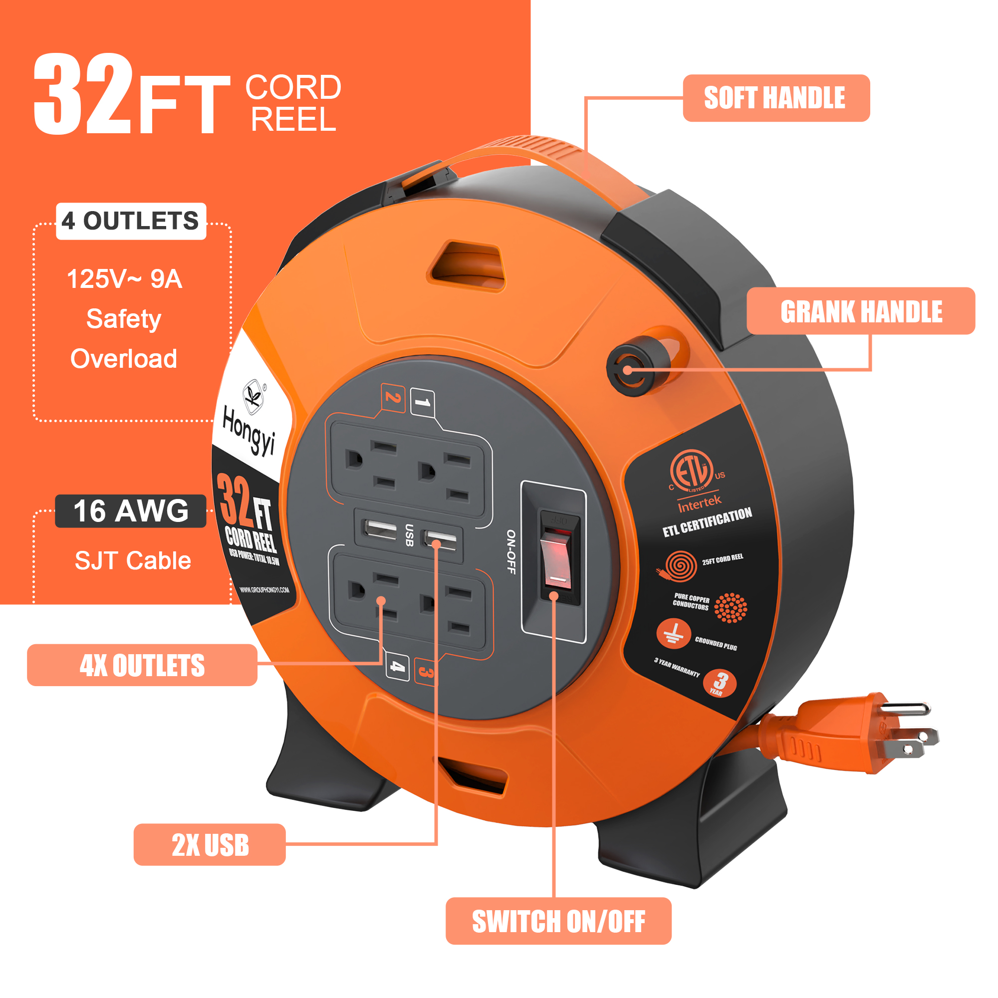 Hongyi 32-Foot Extension Cord Reel with USB Ports photo 2