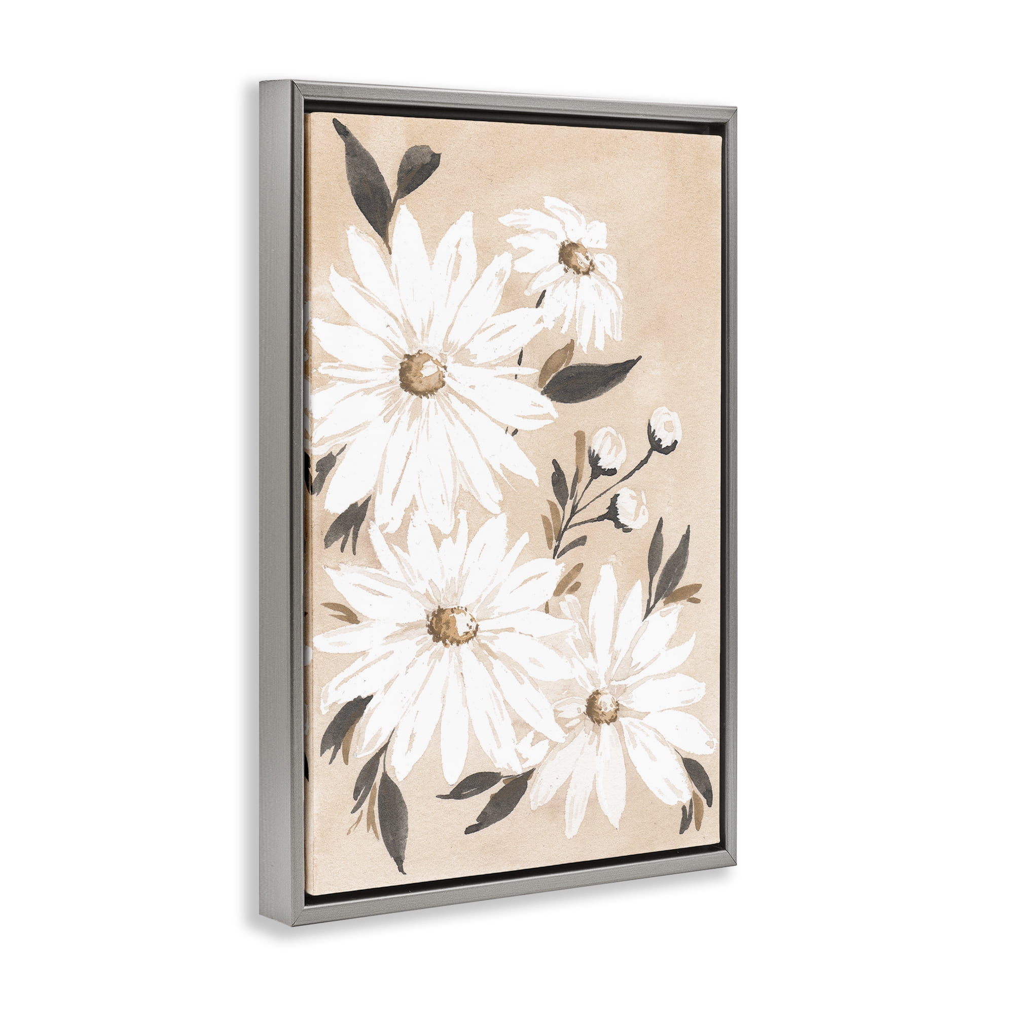Stupell Industries Muted Neutral Daisies Botanical & Floral Painting Gray Floater Framed Art Print Wall Art, 17 x 25