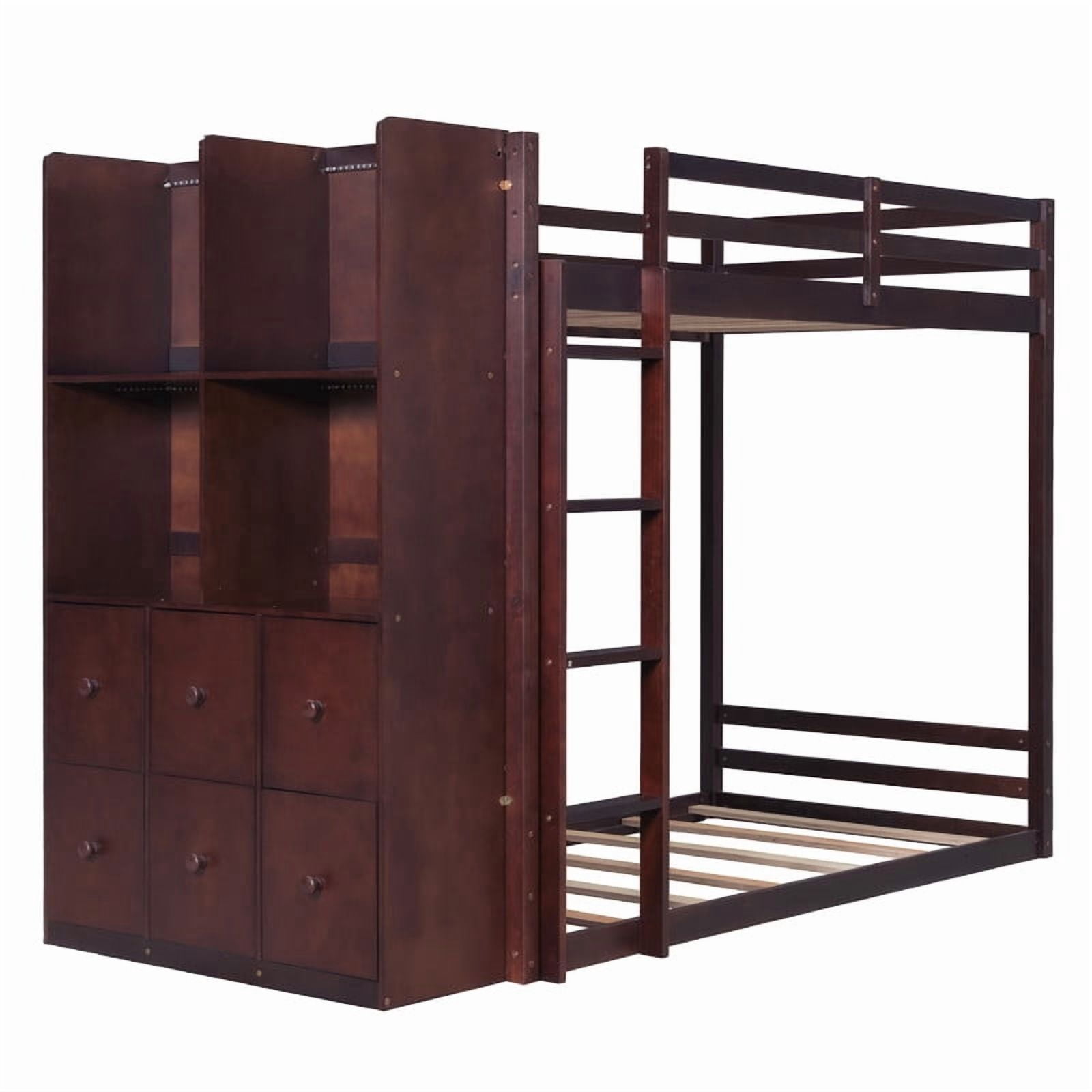 Twin Over Twin Bunk Bed with 6 Storage Drawers, 2-Tier Shelves & LED Light Strip, Reversible Wooden Bunk Bed Frame, Space-Saving Kids Bedroom Furniture