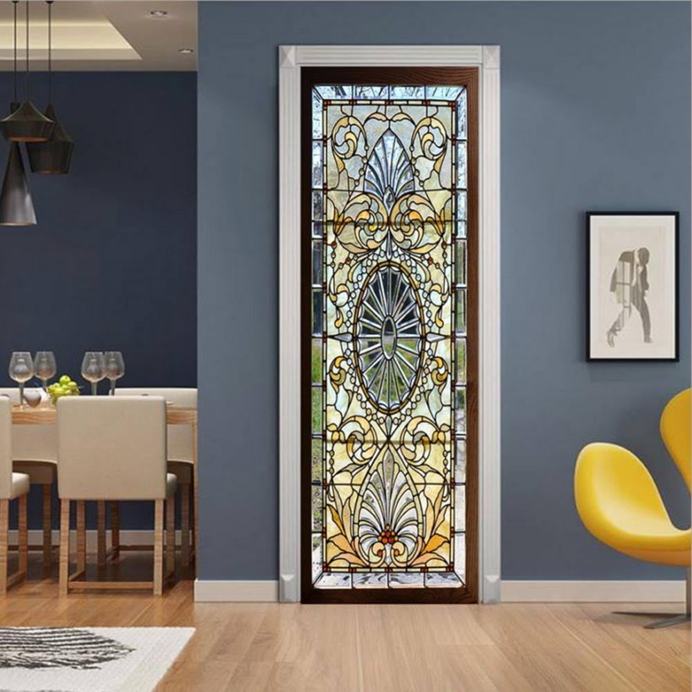 2Pc 3D Self-Adhesive Stained Glass Door Sticker Stained Glass Window Film Pvc Balcony Bathroom Privacy Vinyl Decals Murals Decor