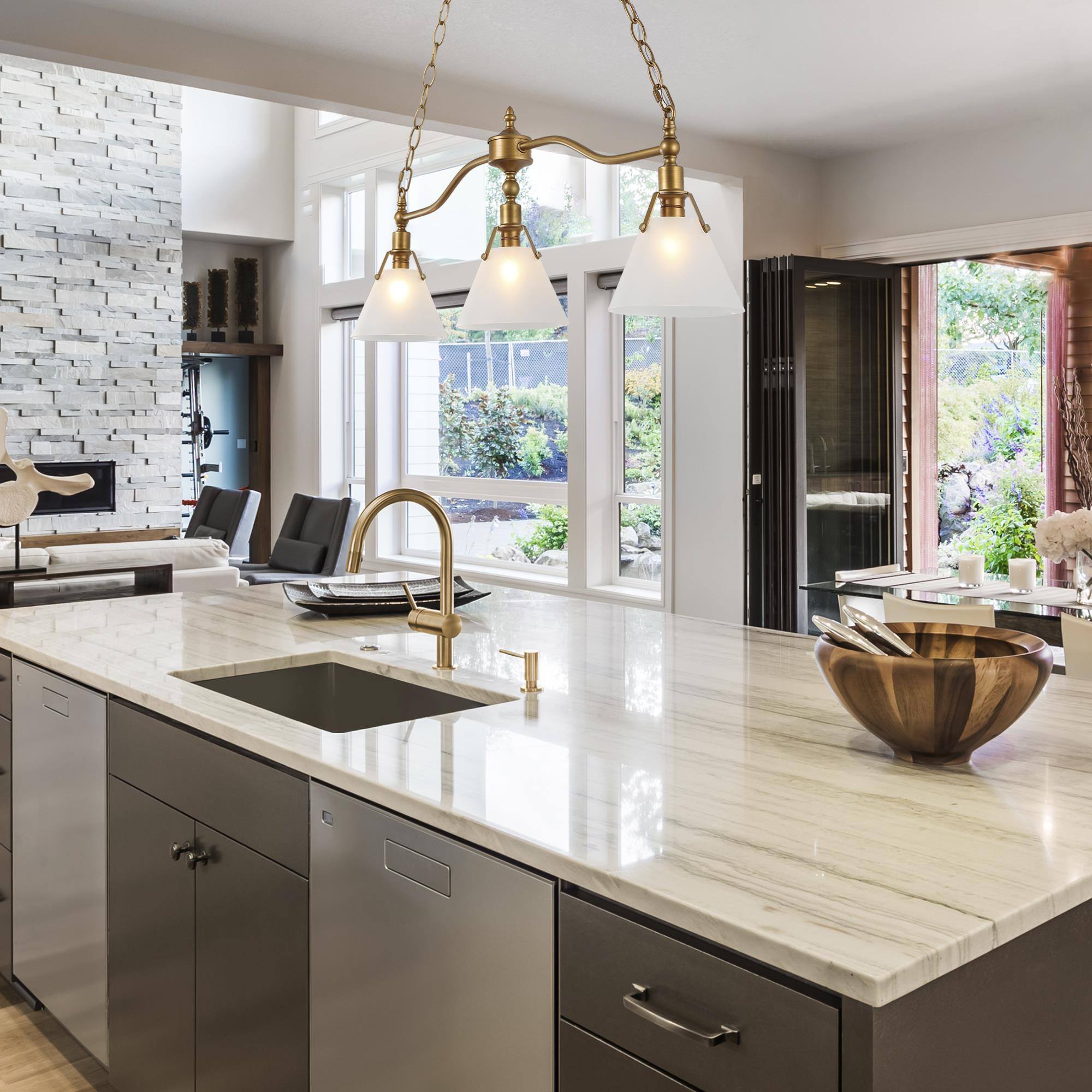 LNC Darren Modern Kitchen Island Pendant Light with 3 Opal Glass Shades, 31.5" Antique Brushed Gold