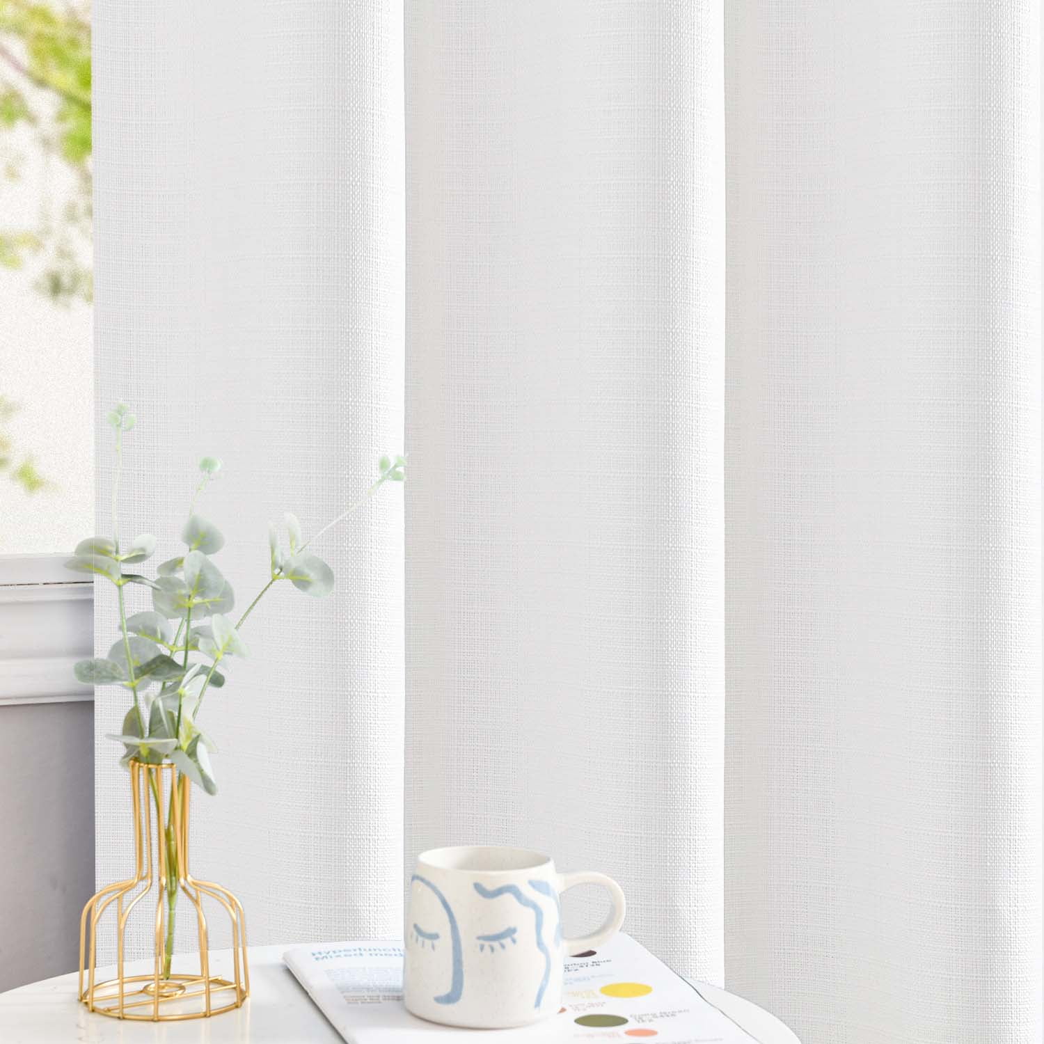 Curtainking White Curtains for Living Room Darkening 38 x 63 Inches Linen Textured Curtain Grommet Top 2 Panels