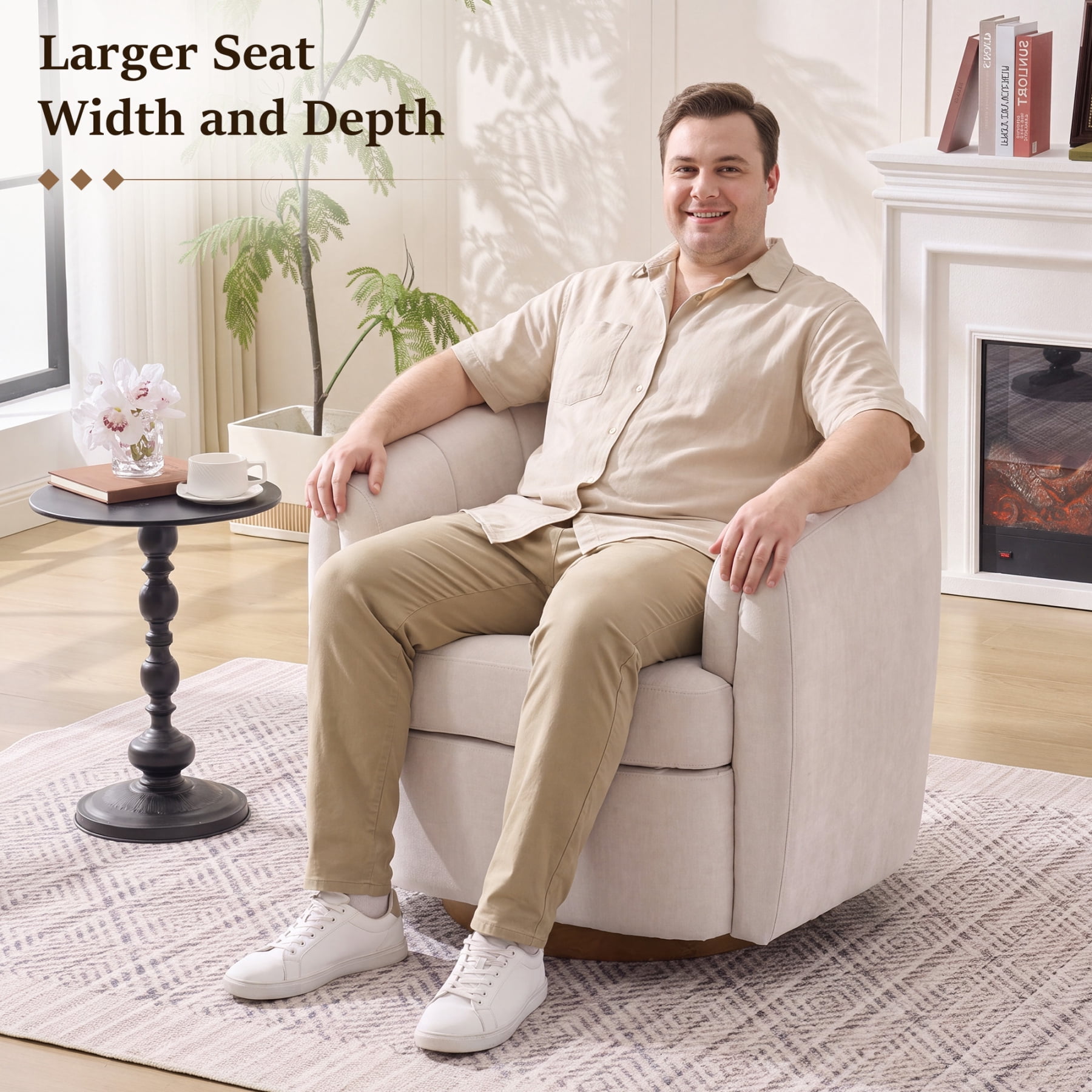 Leumius Velvet Swivel Accent Chair, Upholstered Armchair with Solid Wood Base,Comfy Reading Chair With Curved Thickened Backrest,White Velvet