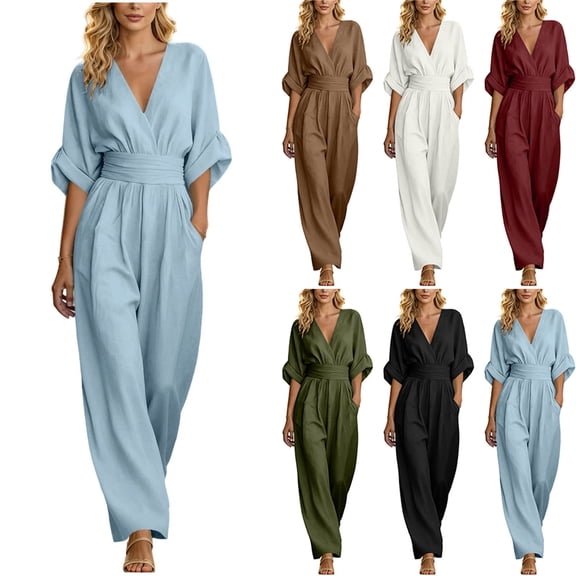 Women's Solid Color Cotton Linen Jumpsuits Tighten Waist Zipper V Neck Wide Leg One Piece Jumpsuit Loose Flowy Three Quarter Sleeve Rompers with Pockets