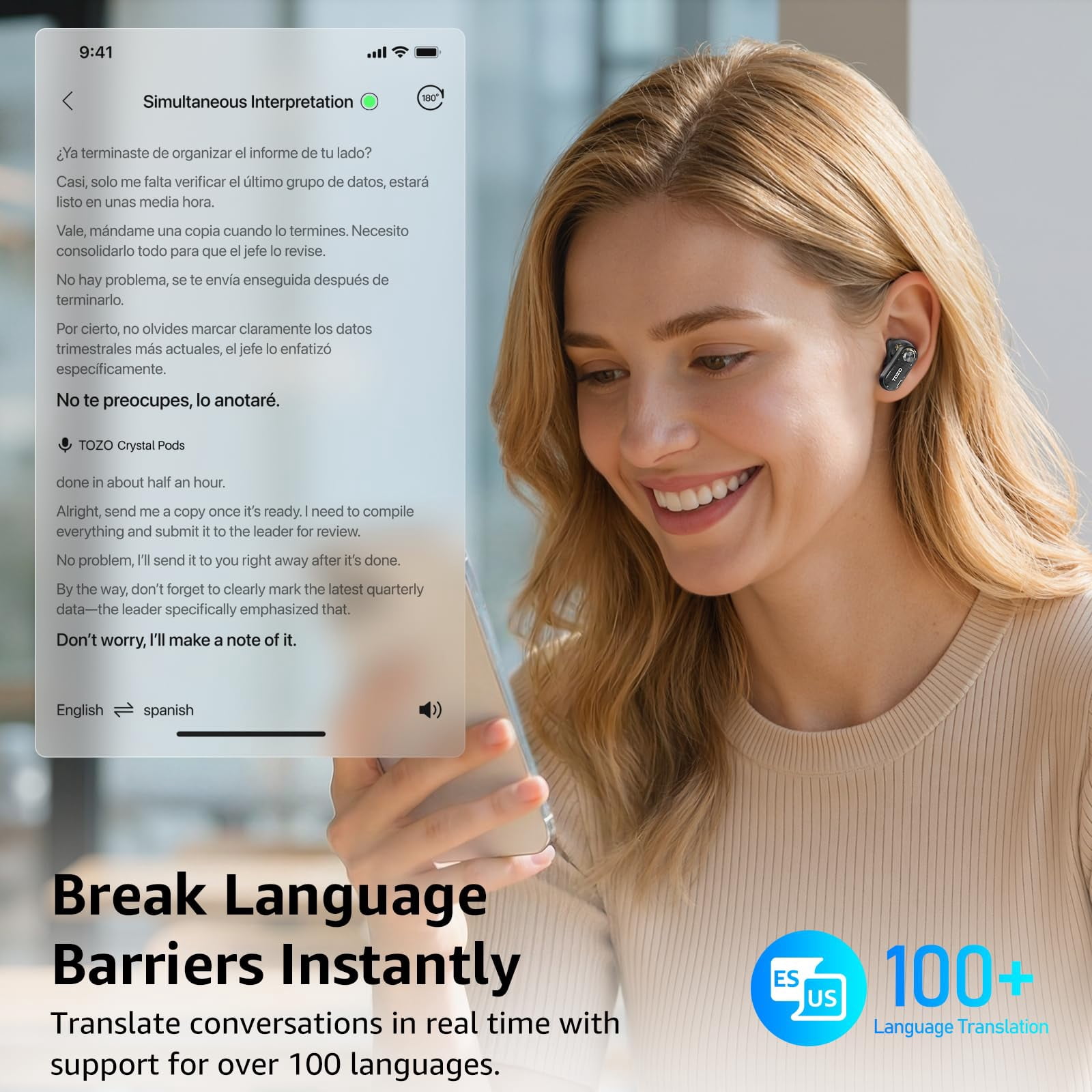 TOZO AI Translation Hybrid Active Noise Cancelling Earbuds, 100+ Languages, 70H, Smart ENC AI Calls, Stereo Bass with App-32EQ, IPX5 Waterproof Bluetooth 5.4 Headphones, Sleek Transparent Design