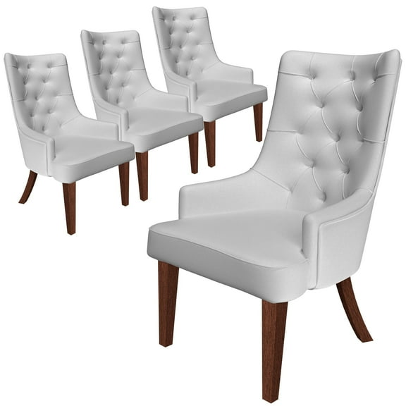 LeisureMod Dining Chair Upholstered in Leather with Diamond-Tufted High Back Design and Stained Rubberwood Legs for Modern Home and Kitchen Spruce Collection Set of 4 in Light Grey
