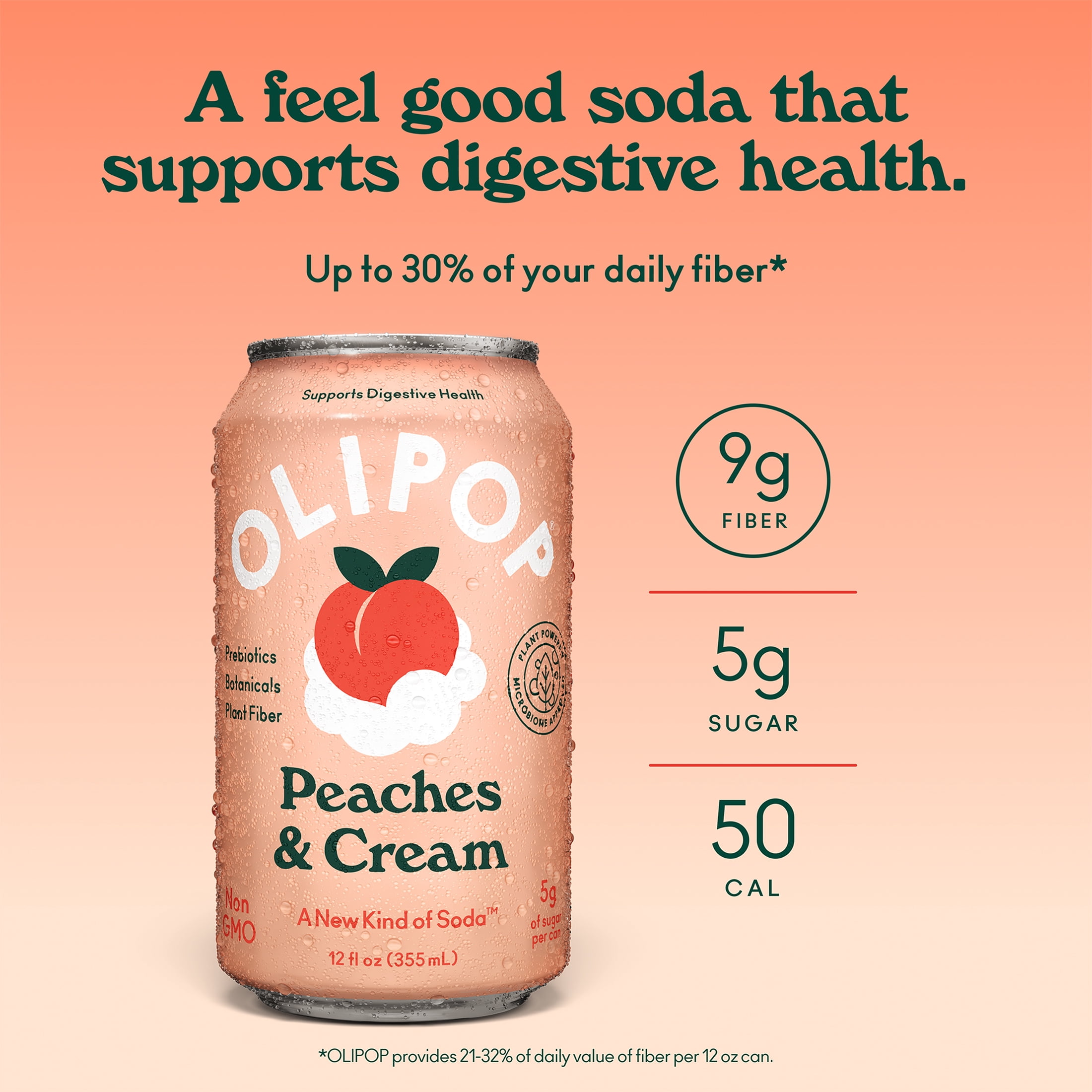 12 pack) OLIPOP 9g Fiber Prebiotic Soda, Peaches & Cream, 12 fl oz