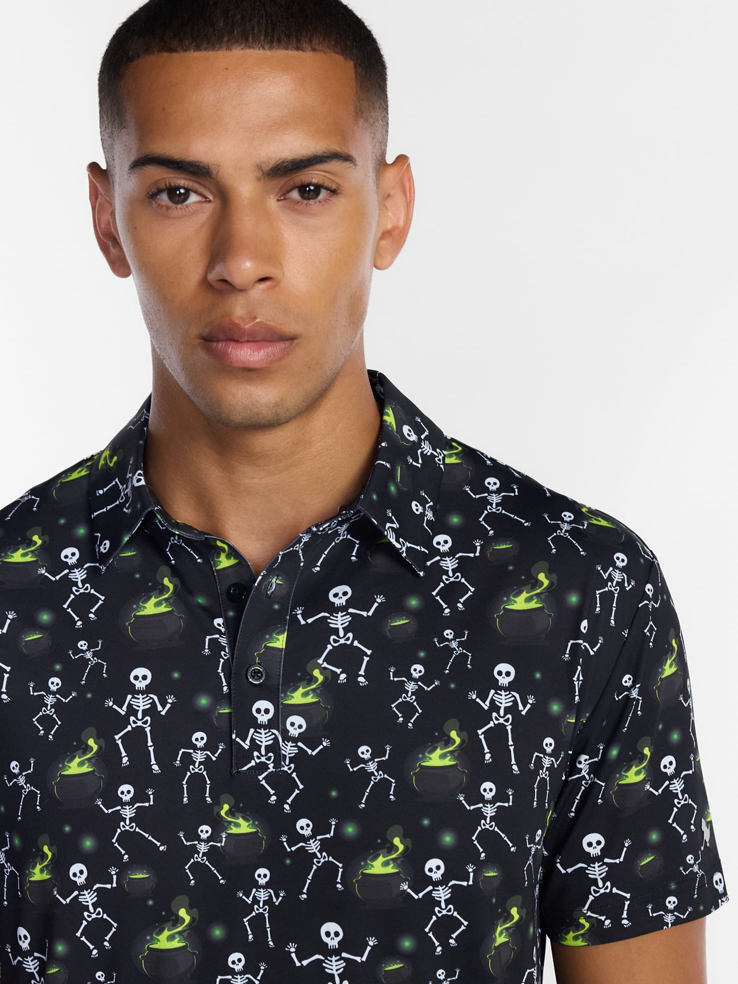 Birdie Bound Halloween Spooky Skeleton Print Golf Polo Shirt, Men's Sizes S-4XLT
