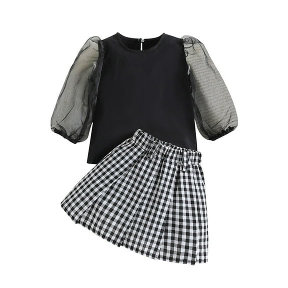Mercatoo Toddler Girl Skirt Set Mesh Tulle Puff Sleeve Tops and Plaid A Line Mini Skirts Kids Cute Fall Clothes 1 to 6 Year