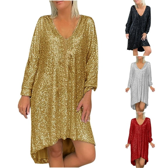 Utoimkio Women's Plus Size Sequins Long Sleeve Midi Dresses Casual Loose V Neck Knee Length Fall Dresses for Women