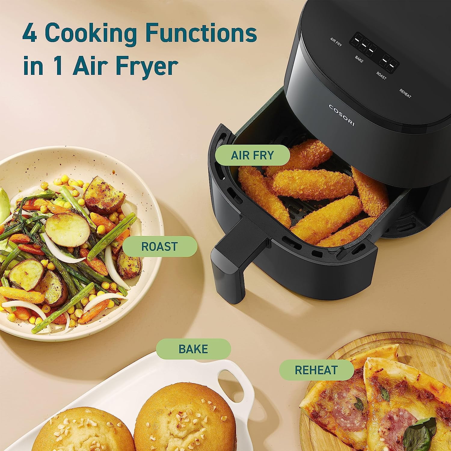 COSORI Small Air Fryer Oven 2.1 Qt, 4-in-1 Mini Airfryer, Bake, Roast, Reheat, Space-saving & Low-noise, Nonstick and Dishwasher Safe Basket, 30 In-App Recipes, Sticker with 6 Reference Guides,Grey