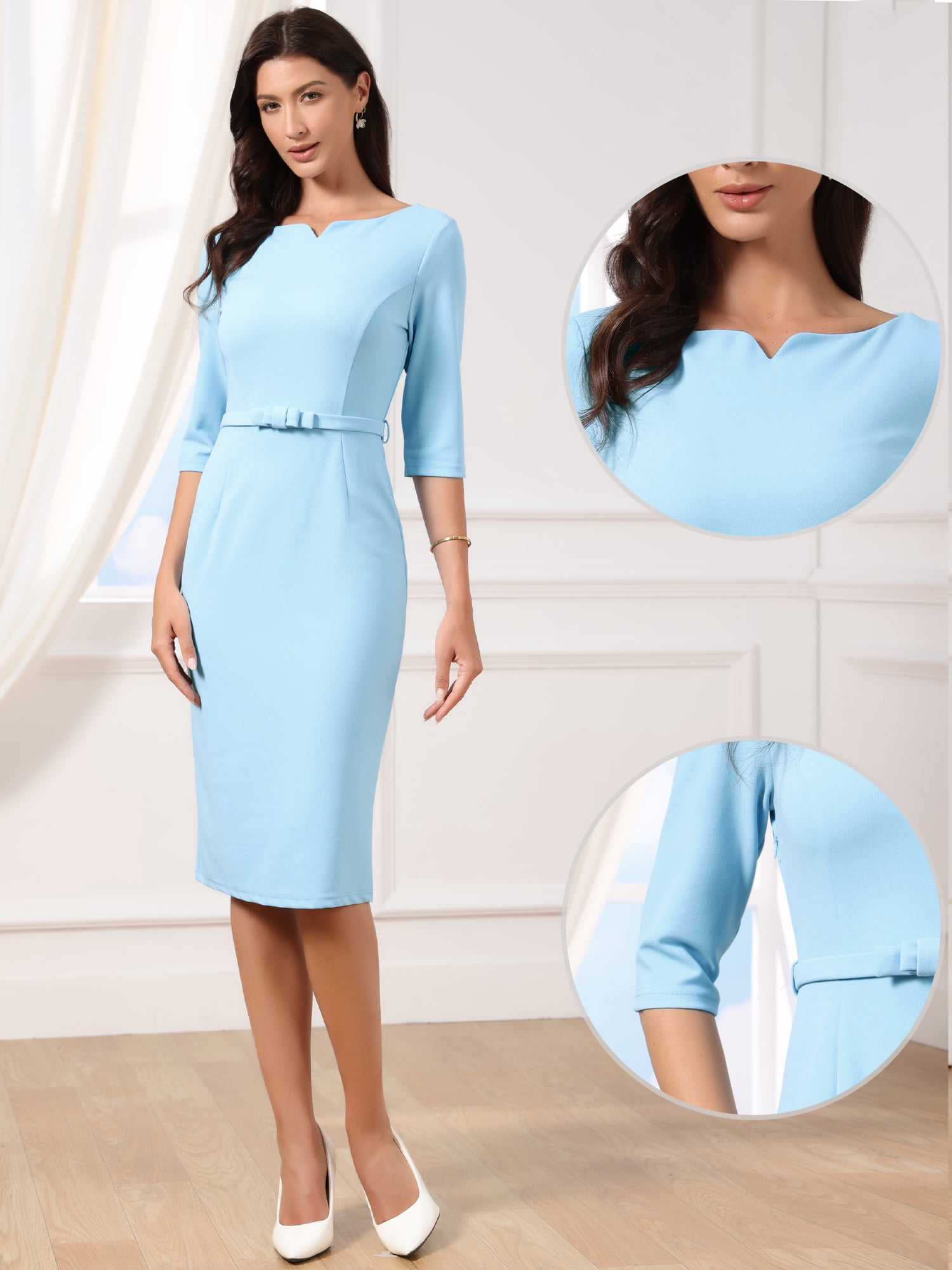 DARING DIVA Women's Elegant 3/4 Sleeve Boat Neck Work Sheath Dress with Belt M Blue